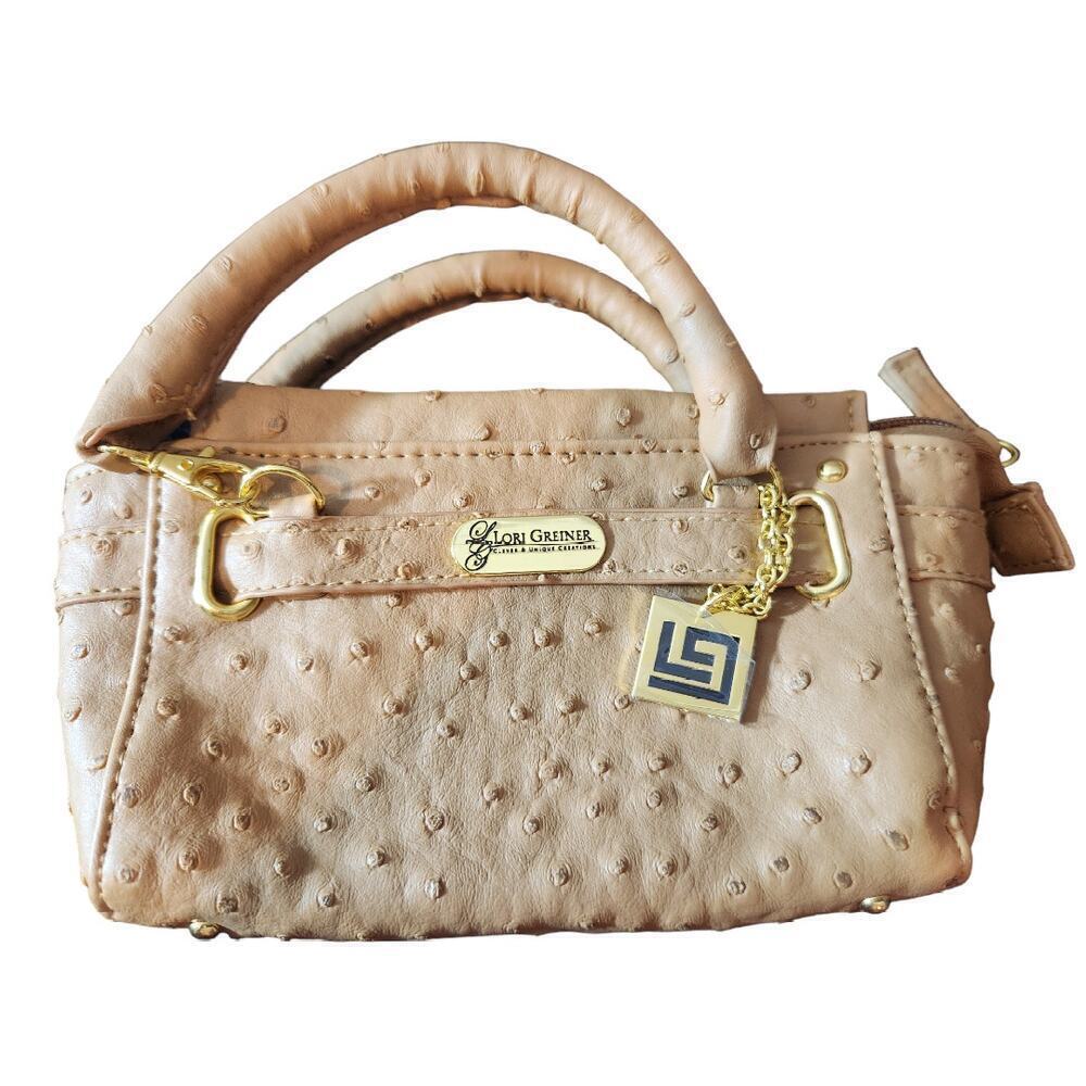 Lori Greiner mini cell phone purse tan ostrich look double handle small purse